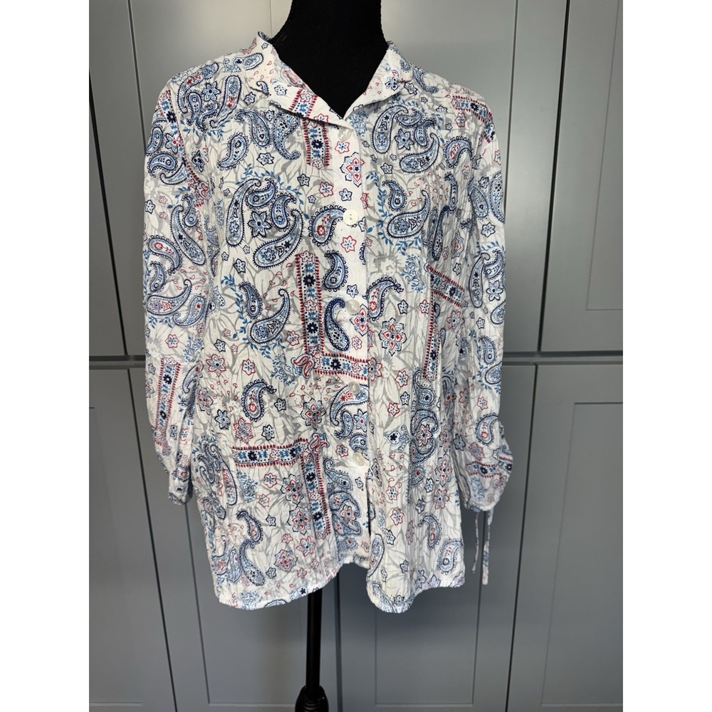 Drapers & Damons Paisley Crinkle Button Front Blouse Blue Red White Women Medium